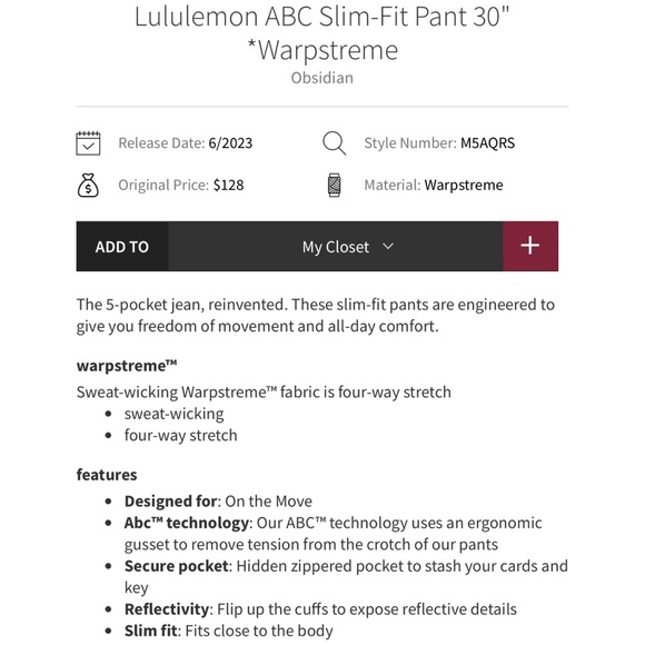 Lululemon ABC Slim-Fit Pant *Warpstreme in Obsidian - Picture 3 of 8